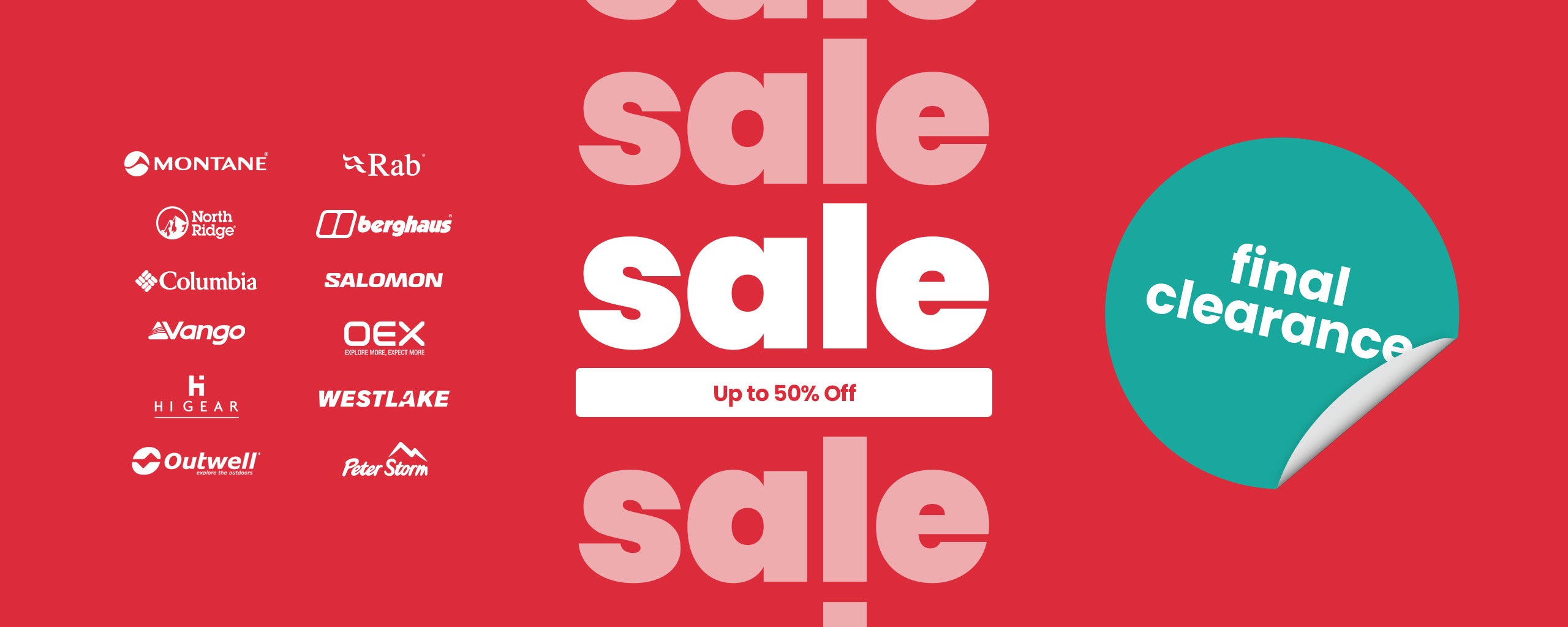 A promotional sale banner with a bright red background, large repeated 'sale' text in pale pink, a teal circular badge reading 'final clearance,' and a vertical list of retailer logos on the left.