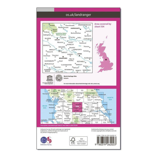 Landranger 104 Leeds & Bradford, Harrogate & Ilkley Map With Digital Version