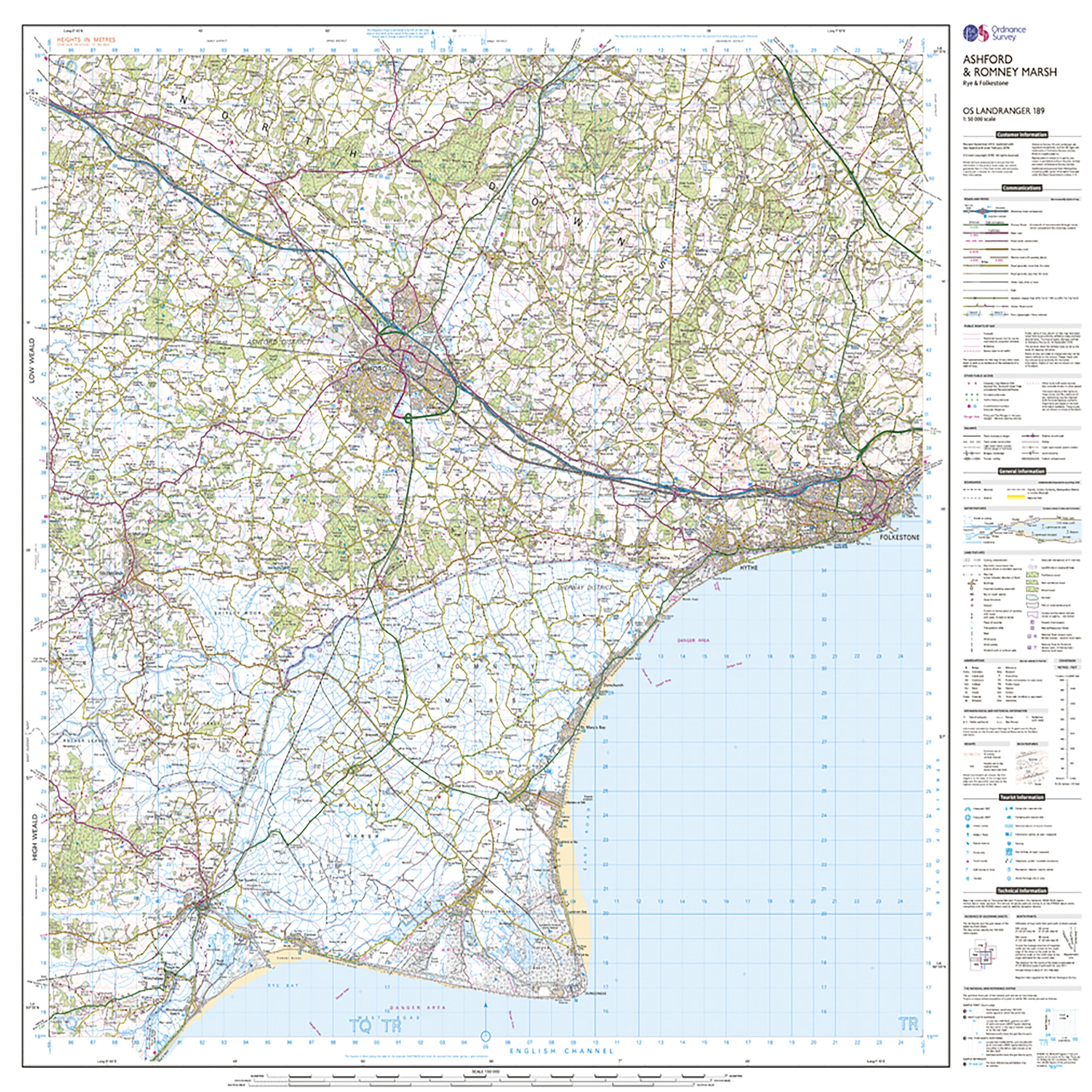 Landranger Active 189 Ashford & Romney Marsh, Rye & Folkestone Map With Digital Version