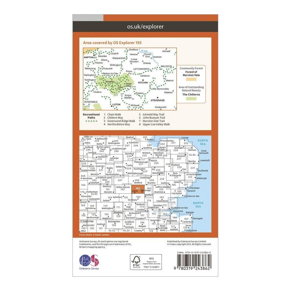 Explorer 193 Luton & Stevenage, Hitchin & Ampthill Map With Digital Version