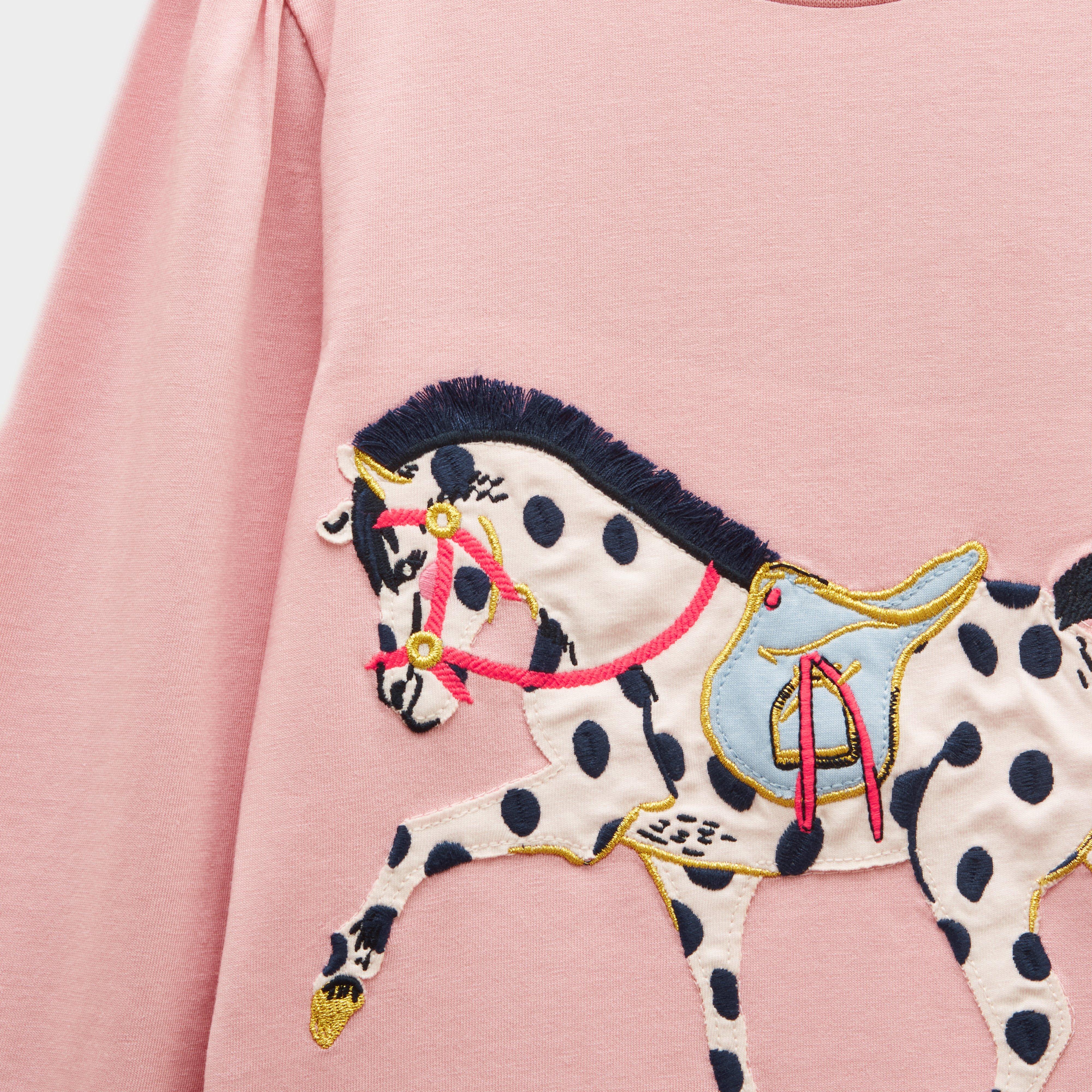 Girls' Ava Pink Horse Applique Long Sleeve Top