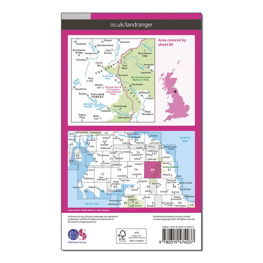 "Landranger Active 80 Cheviot Hills  Kielder Water Map With Digital Version"""