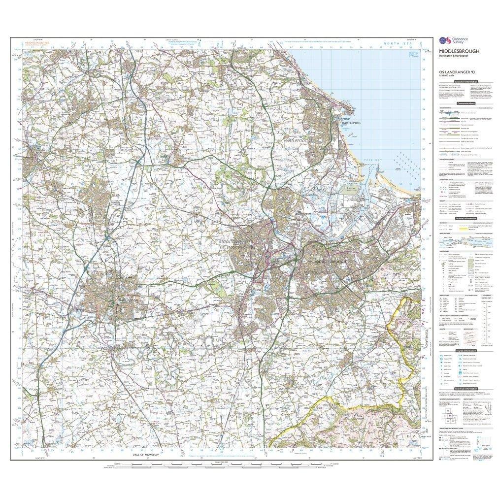 Landranger 93 Middlesbrough, Darlington & Hartlepool Map With Digital Version