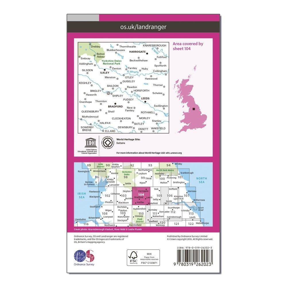 Landranger 104 Leeds & Bradford, Harrogate & Ilkley Map With Digital Version