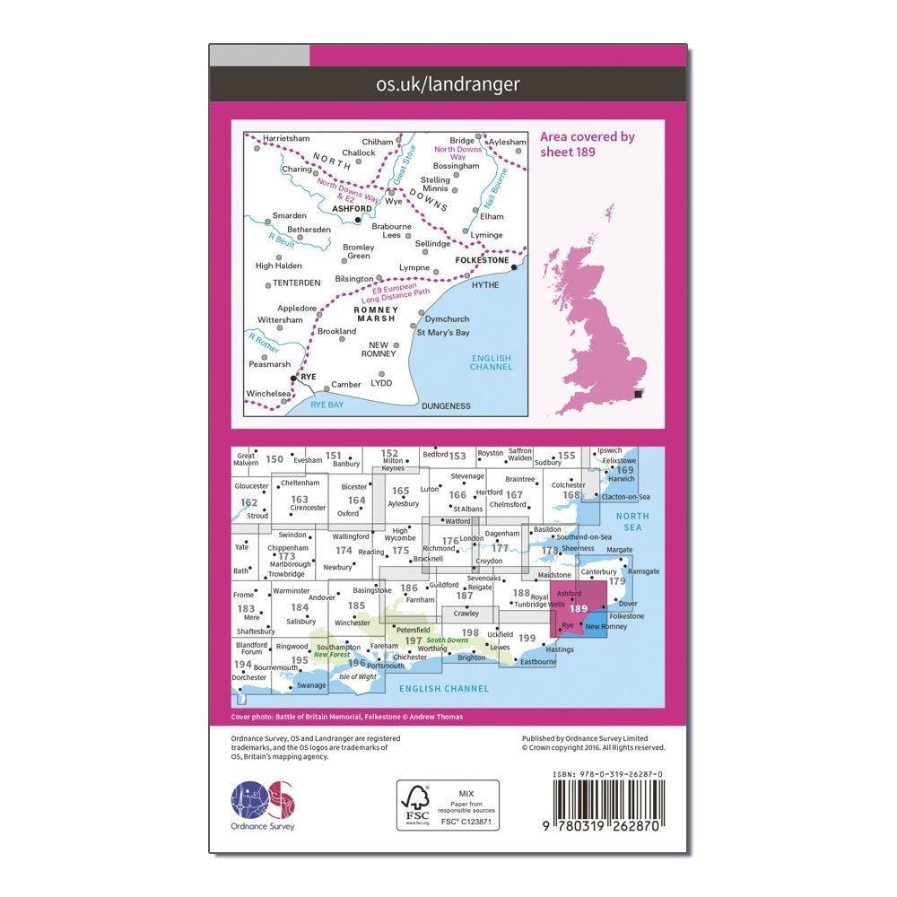 OS Landranger 189 Ashford  Romney Marsh Rye  Folkestone Map