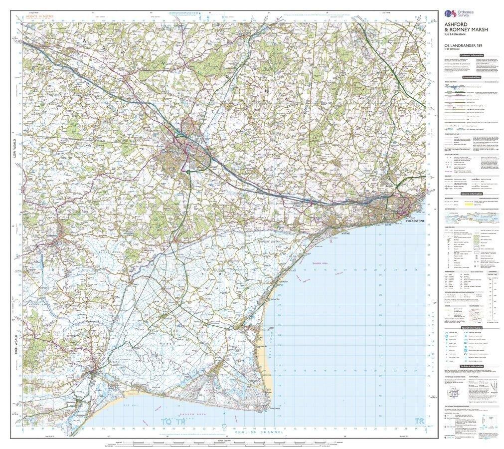 OS Landranger 189 Ashford  Romney Marsh Rye  Folkestone Map