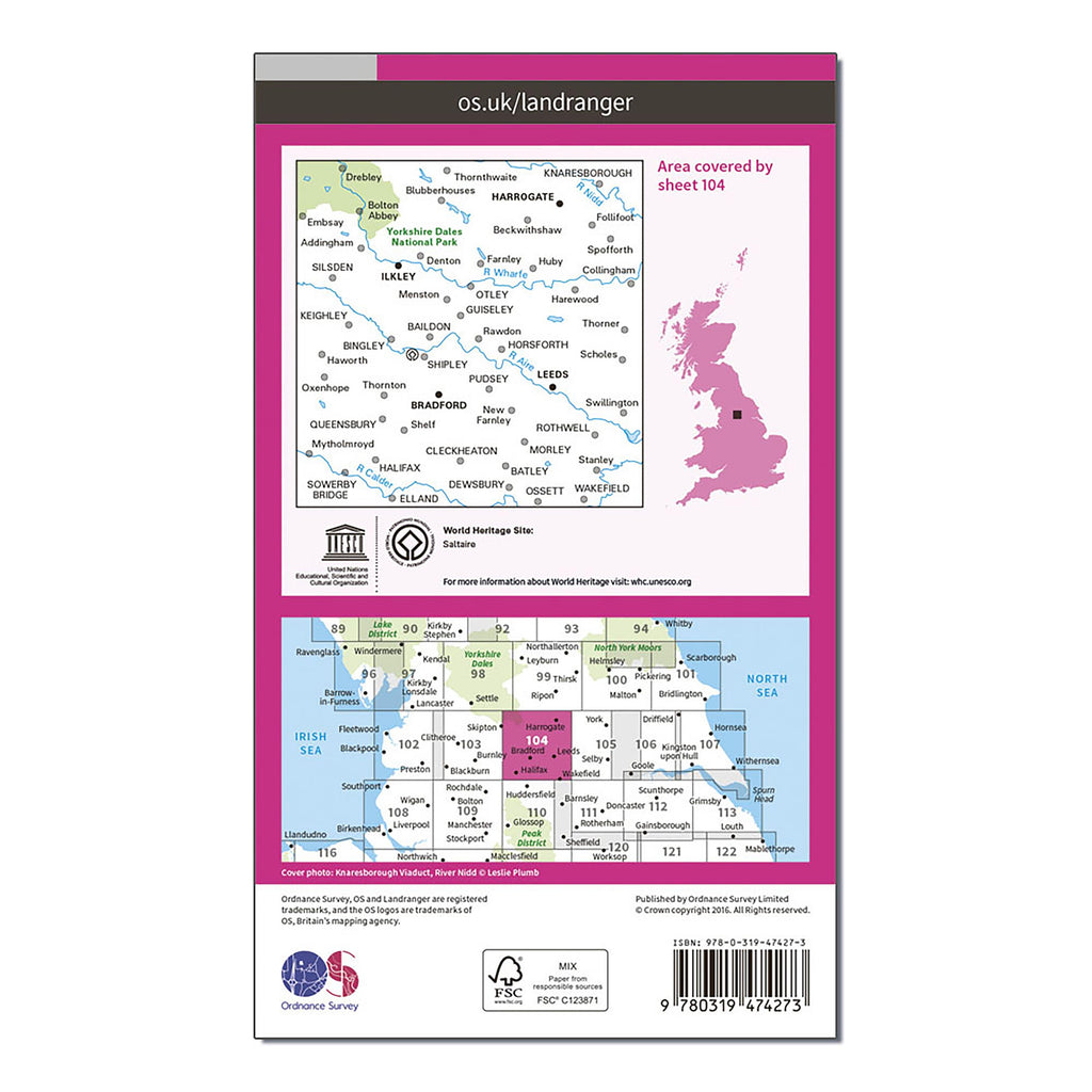 Landranger Active 104 Leeds & Bradford, Harrogate & Ilkley Map With Digital Version