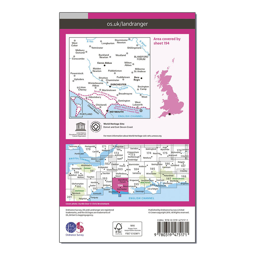 Landranger Active 194 Dorchester & Weymouth, Cerne Abbas & Bere Regis Map With Digital Version