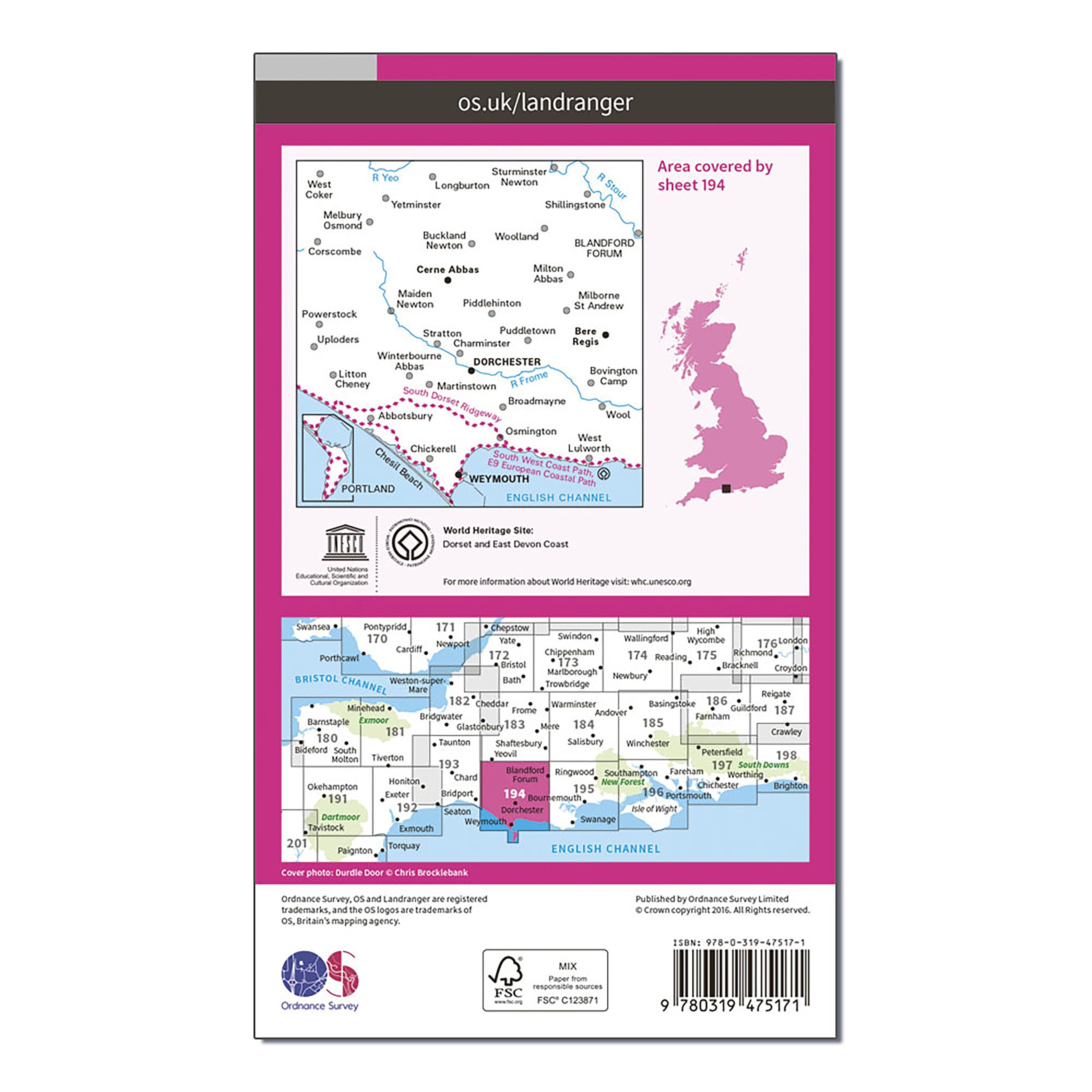 Landranger Active 194 Dorchester & Weymouth, Cerne Abbas & Bere Regis Map With Digital Version