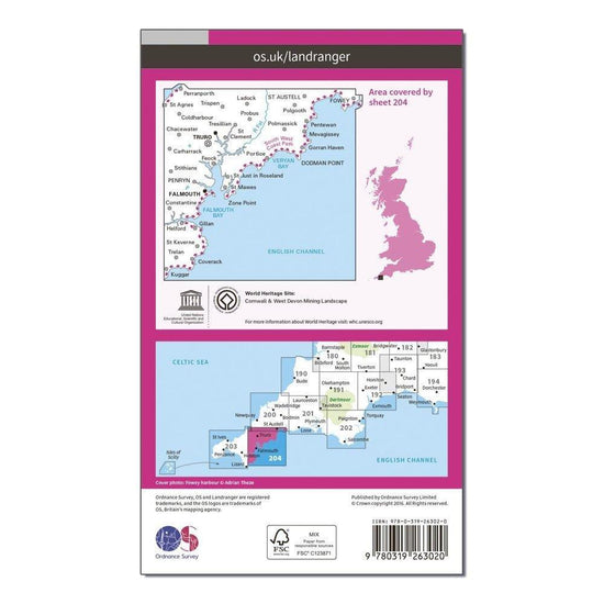 OS Landranger 204 Truro  Falmouth Roseland Peninsula Map