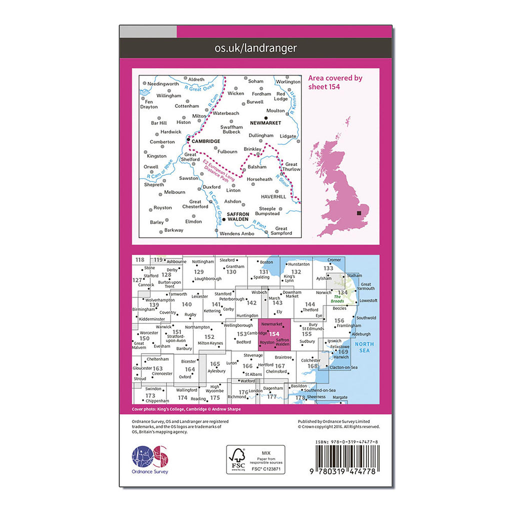 Landranger Active 154 Cambridge Newmarket  Saffron Walden Map With Digital Version