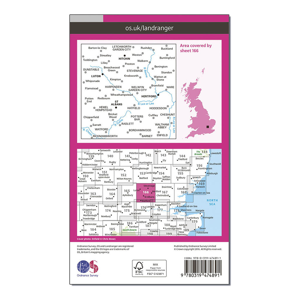 Landranger Active 166 Luton, Hertford, Hitchin & St Albans Map With Digital Version