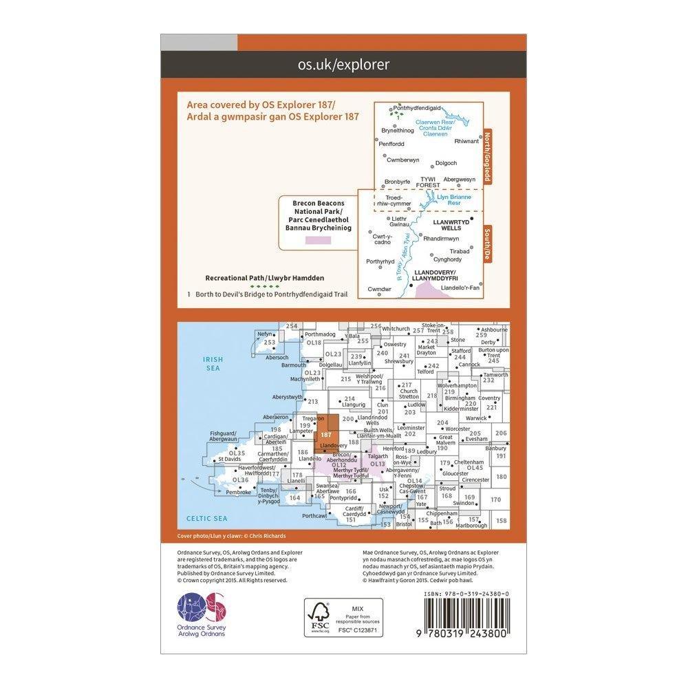 Explorer 187 Llandovery, Llanwrtyd Wells & Lyn Brianne Map With Digital Version