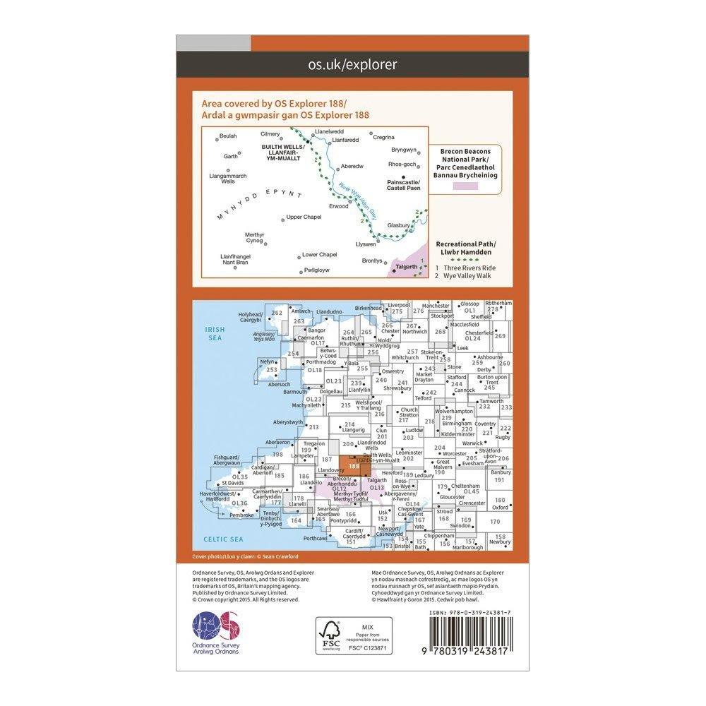 Explorer 188 Builth Wells Paincastle  Talgarth Map With Digital Version
