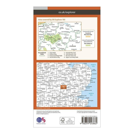 Explorer 193 Luton & Stevenage, Hitchin & Ampthill Map With Digital Version
