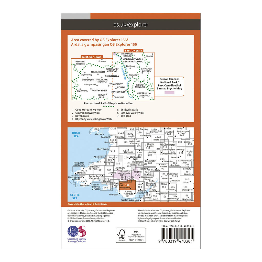 Explorer Active 166 Rhondda  Merthyr Tydfil Map with Digital Version