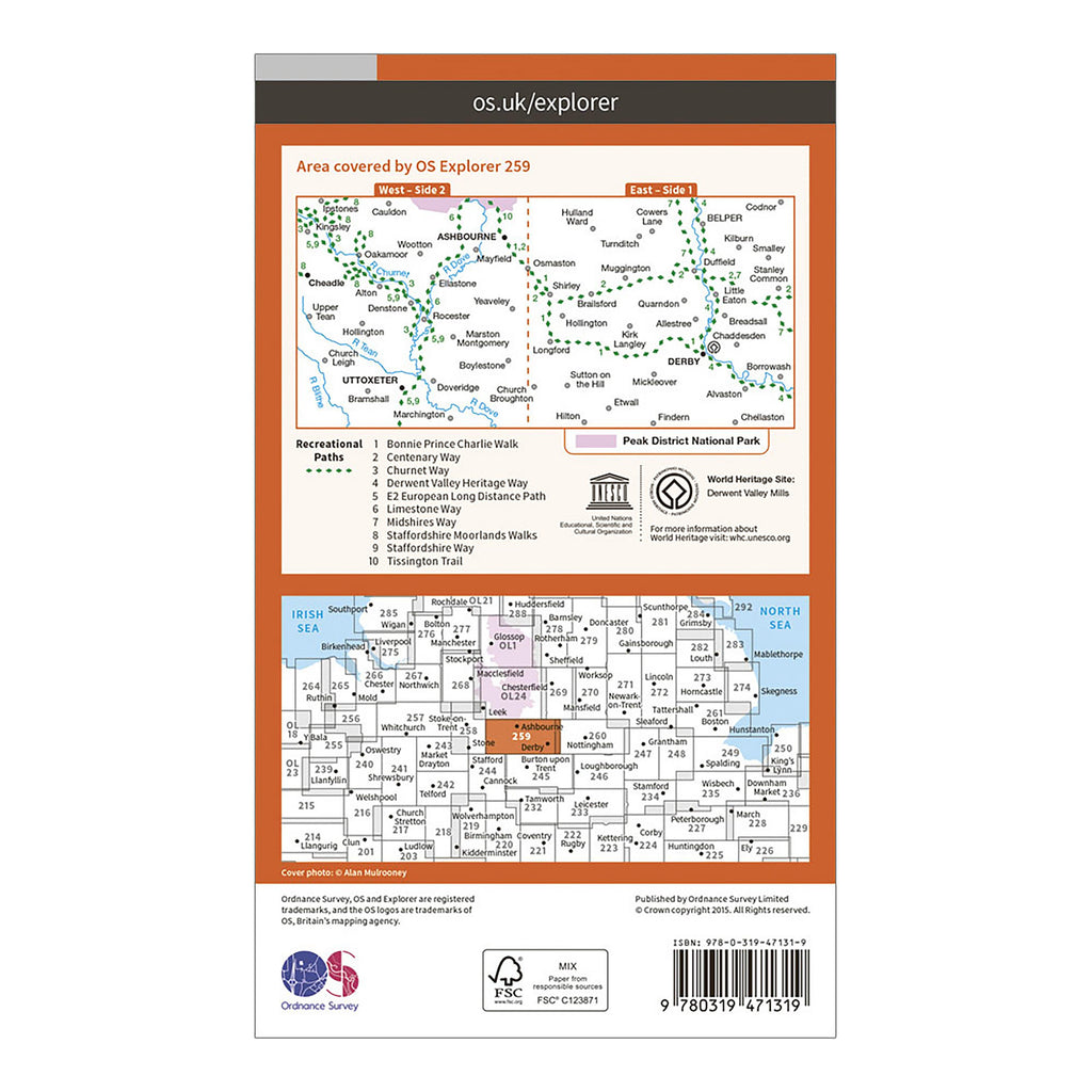 Explorer Active 259 Derby, Uttoxeter, Ashbourne & Cheadle Map With Digital Version