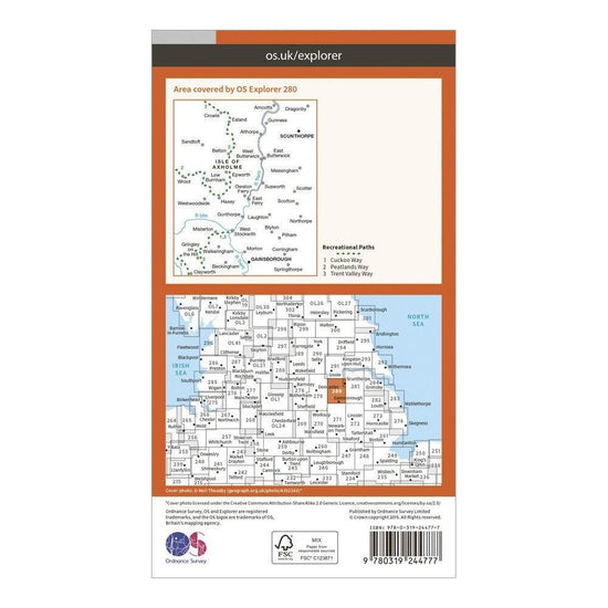 Explorer 280 Isle of Axholme, Scunthorpe & Gainsborough Map With Digital Version