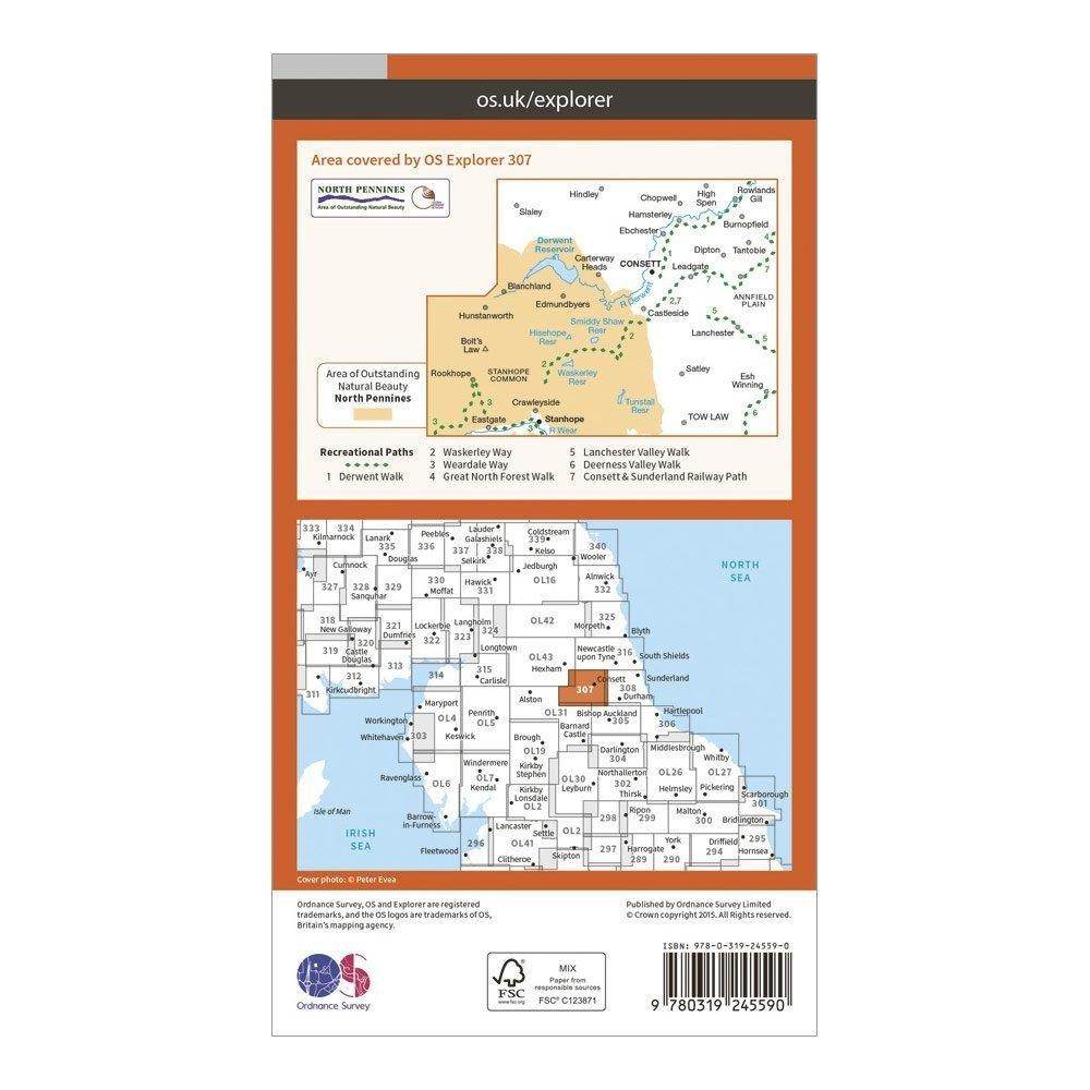 Explorer 307 Consett  Derwent Reservoir Map With Digital Version