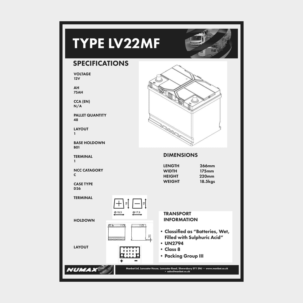 LV22MF 12V 75Ah Sealed Leisure Battery