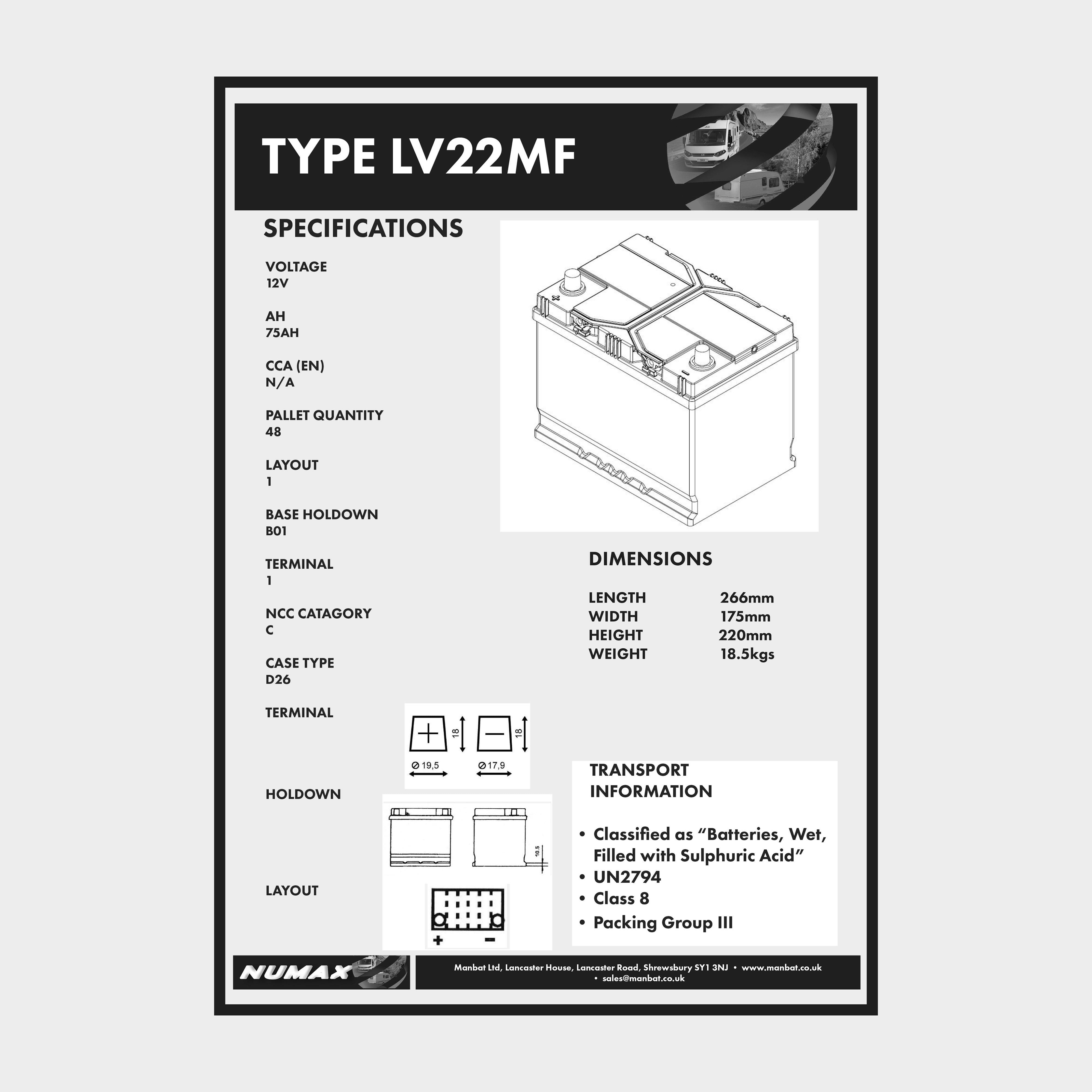 LV22MF 12V 75Ah Sealed Leisure Battery