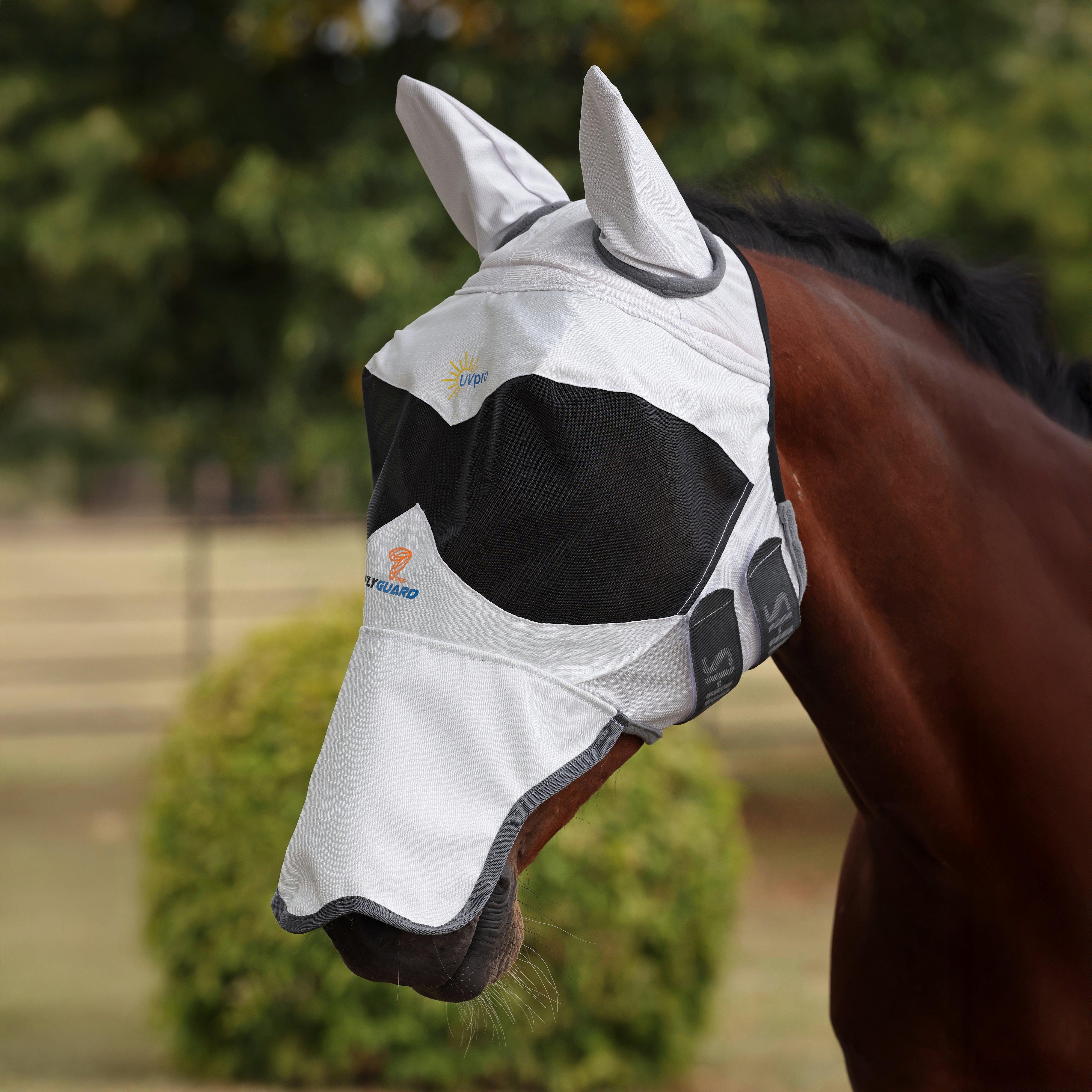 FlyGuard Pro Sun Shade Fly Mask with Ears & Square Nose White